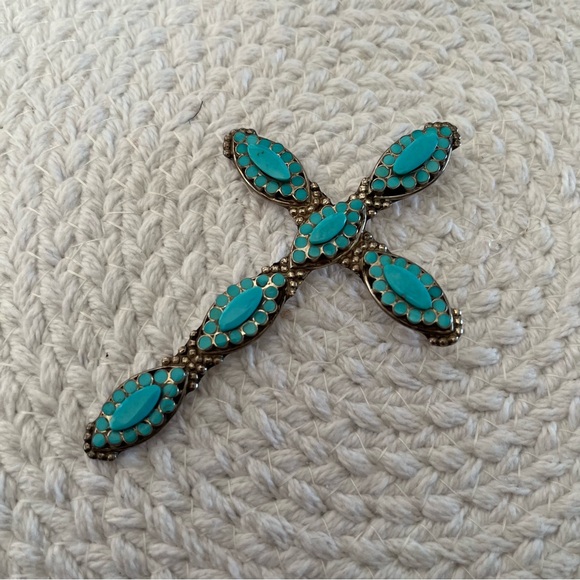 Large N Dishta Zuni Turquoise Cross Pendant Sterling Silver Inlay Navajo NM Vtg - Picture 5 of 15